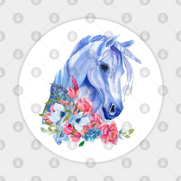 Blue Unicorn with Wild Flowers Watercolor Art Magnet by AdrianaHolmesArt